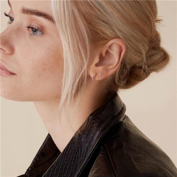 14K Gold Plated Sterling Silver Post Huggies | Cubic Zirconia Huggie - Picture 10 of 12